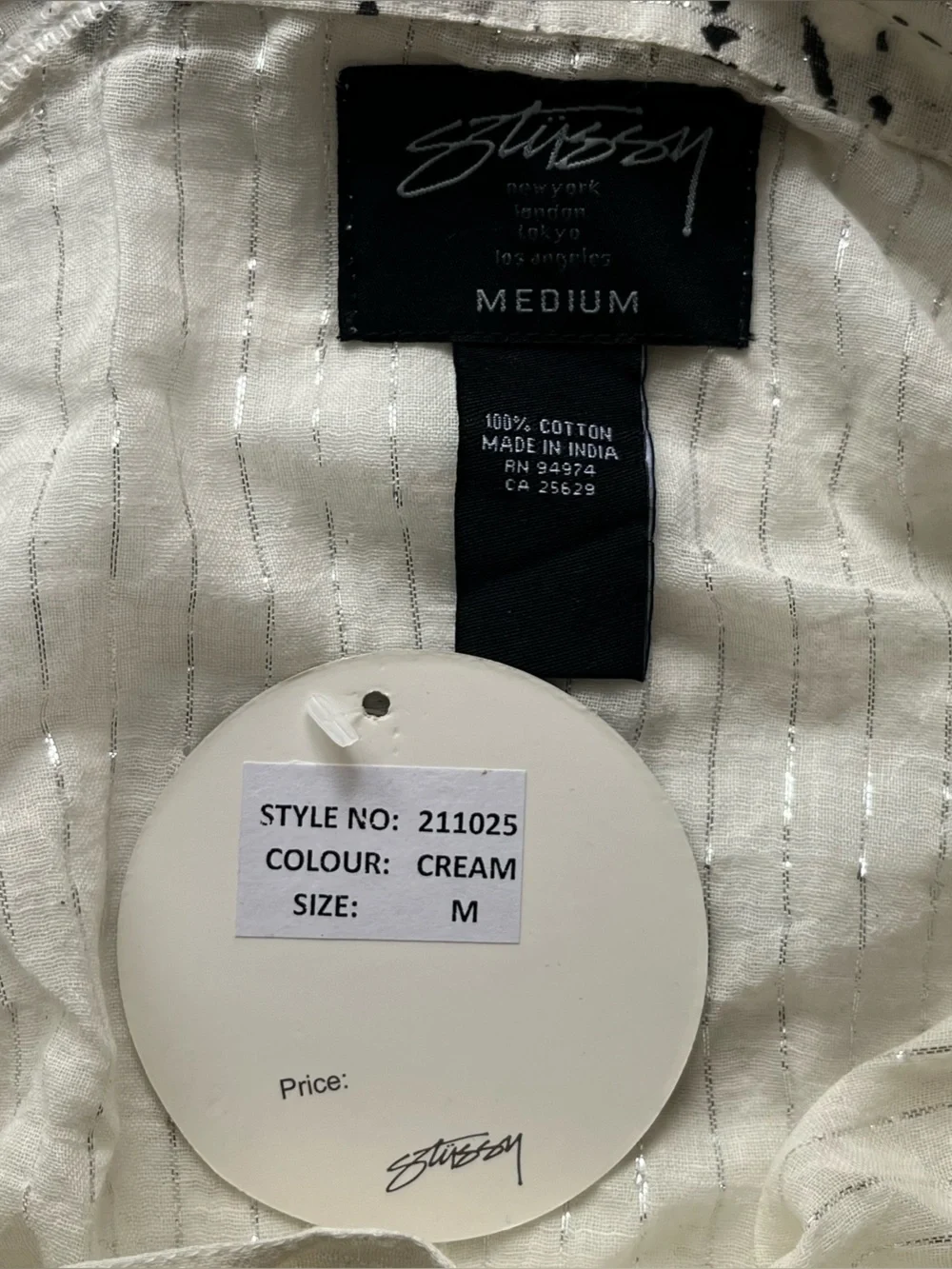 Stussy Button-Down Cotton Shirt Cream Silver Long Sleeve Size Medium Y2K NEW - Picture 6 of 6